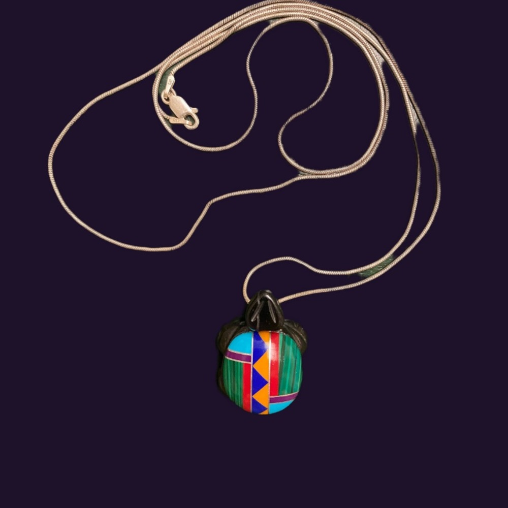 Black jade malachite, turquoise, spiney oyster coral hand made Turtle pendant